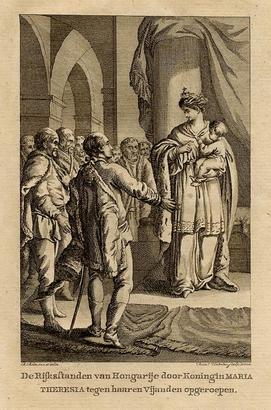 print De Rijksstanden van Hongarije door Koningin Maria Theresia tegen haaren vijanden opgeroepen by R. Vinkeles, C.B. Rode