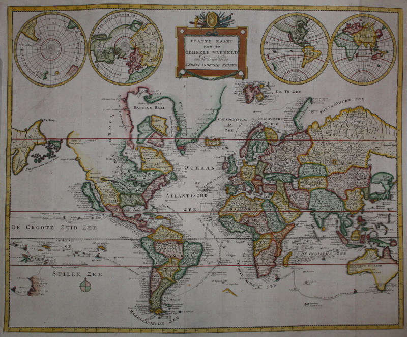 Platte Kaart van de geheele waereld om te dienen tot de Nederlandsche reizen by Petrus Conradi en Volkert van der Plaats 