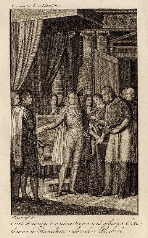print Carl III nimmt von seinen treuen und geliebten Cataloniern in Barcellona ruhrenden Abschied by Weinrauch