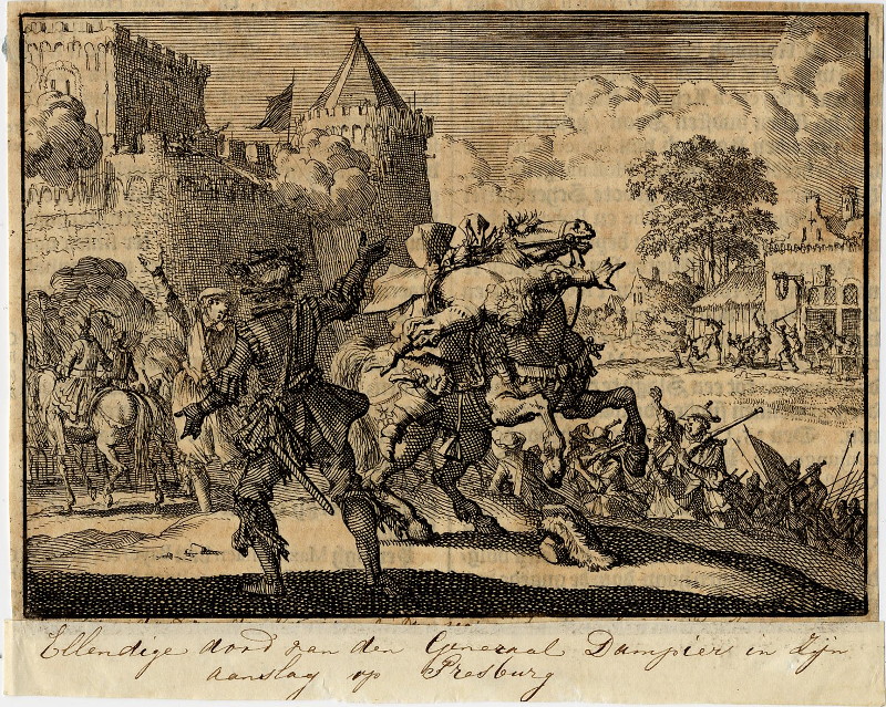 Keizerlijk bevelhebber Dampier valt van zijn paard na een schot vanaf de muren van Presburg by Jan Luyken