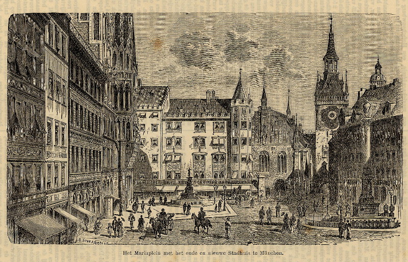 Het Mariaplein met het oude en nieuwe Stadhuis te München by B. Strassberoer