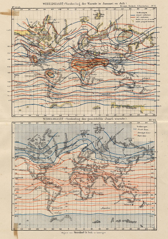map Wereldkaart (Verdeeling der Warmte in Januari en Juli) (Verdeeling der gemiddelde Jaarl. warmte) by F. Bruins