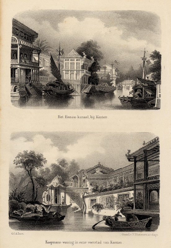 view Het Honau-kanaal, bij Kanton; Koopmans-woning in eene voorstad van Kanton by C.C.A. Last