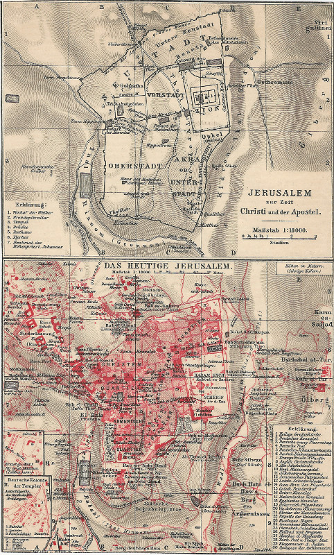 plan Jerusalem, zur Zeit Christi un der Apostel. Das Heutige Jerusalem. by F.A. Brockhaus
