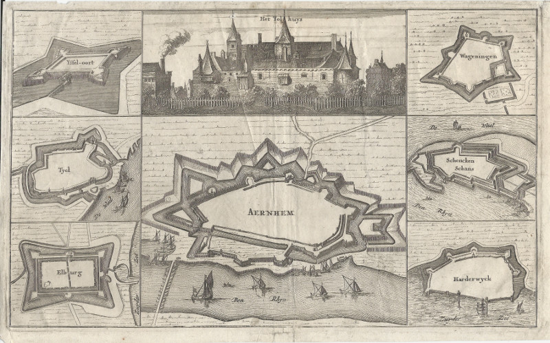 Het Tolhuys, Yssel-oort, Tyel, Elburg, Wageningen, Schenckenschans, Harderwyck, Aernhem. by L. van den Bosch