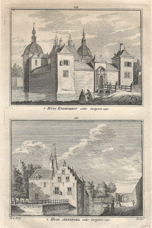 view ´t Huis Endegeest onder Oestgeest 1730, ´t Huis Abtspoel onder Oestgeest 1730 by A. de Haan, H. Spilman