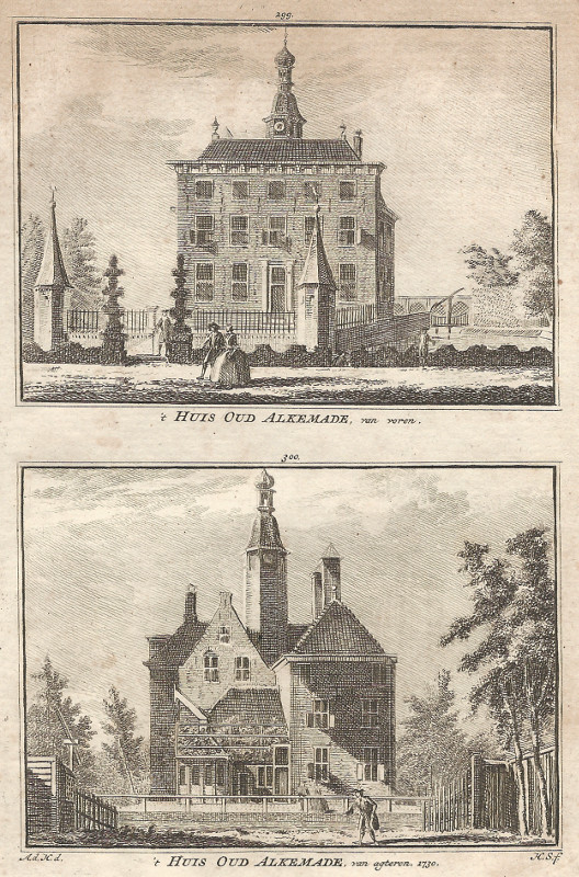 view ´t Huis Oud Alkemade, van voren; ´t Huis Oud Alkemade, van agteren, 1730 by A. de Haan, H. Spilman